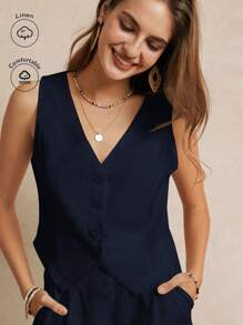 Poéselle 夏季度假婚礼季，休闲波西米亚风纯色简约垂坠V领无袖西装外套，饰有装饰纽扣细节，优雅浪漫，可爱上衣，短款女士，必备夏季服装，婚礼季必备，秋冬田园风 - 藏蓝色 - 查看 1