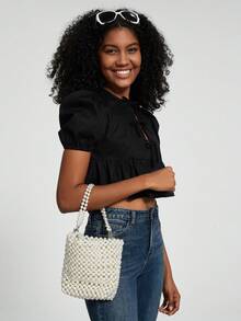 女士休闲纯色圆领蝴蝶结荷叶边短袖衬衫 - 黑色 - 查看 5