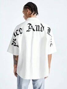 Manfinity RebelGame Men's Printed Loose Short Sleeve Woven Shirt With English Letter Pattern, Suitable For Summer Hip-Hop Style - White - View 1
