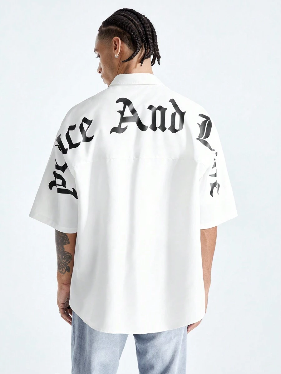 Manfinity RebelGame Men's Printed Loose Short Sleeve Woven Shirt With English Letter Pattern, Suitable For Summer Hip-Hop Style - White - View 1