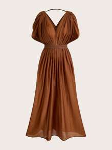 Anewsta 优雅浪漫的女士 V 领连衣裙，带有褶皱和亚麻面料，配有收腰长款女装 - 棕色 - 查看 5