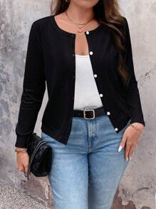 SHEIN LUNE Kardigans für Damen in Große Größen, Einfarbiger Langarm Einzelknopf Lässig dünner Strickjacke - Schwarz - Übersicht 1