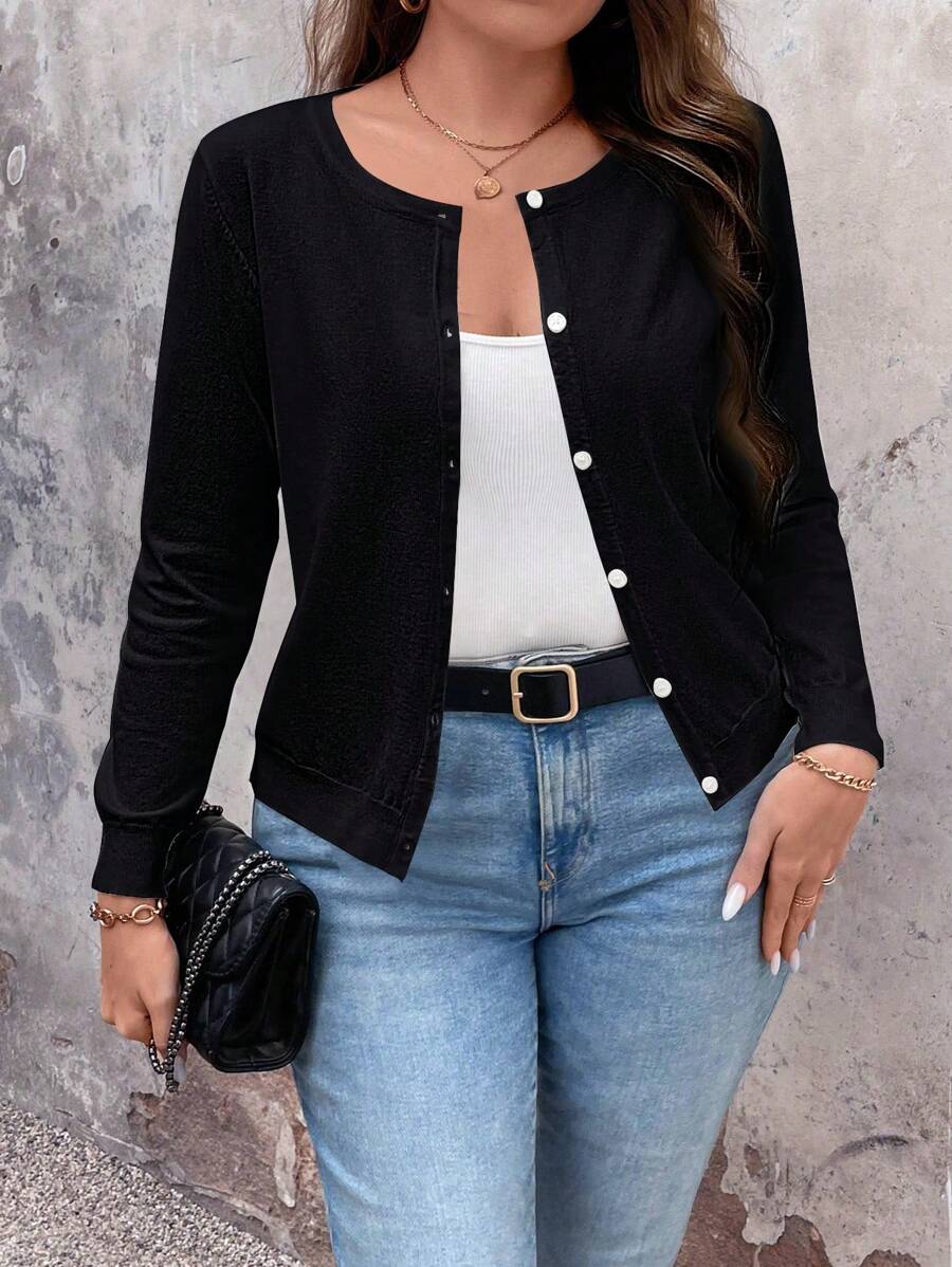 SHEIN LUNE Kardigans für Damen in Große Größen, Einfarbiger Langarm Einzelknopf Lässig dünner Strickjacke - Schwarz - Übersicht 1