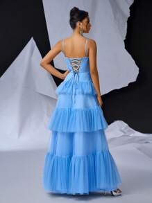 SHEIN Belle Chi tiết xương, Váy xếp tầng bằng vải tuyn xếp tầng cho váy dạ hội trang trọng dành cho nữ (Phiên bản nặng) Váy dạ hội trang trọng cho nữ - Màu xanh lam - Xem 2