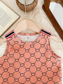SHEIN Unisex Baby Cute Bear Printed Tank Top And Shorts Set, Summer - Brown - View 4