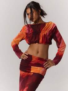 MUSERA 女士抽象印花长袖露脐上衣，夏季伊比沙岛度假款 - 玫瑰紅 - 查看 3