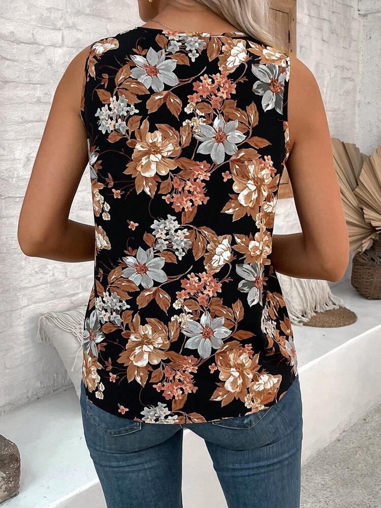Blusa estiva senza maniche con stampa floreale a V collo per le donne