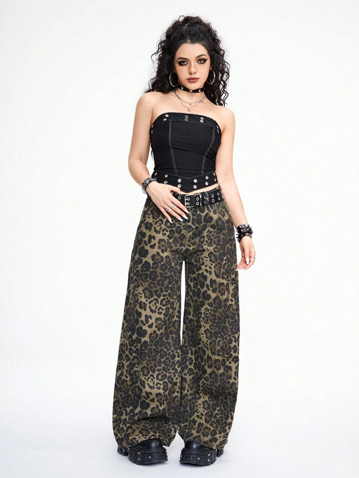 Our Grunge Punk Y2K Casual Leopard Print Full-Length Wide-Leg 