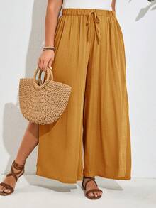 SHEIN Frenchy Ropa de festival del campo para mujer con talla grande, ropa de verano con pantalones de talle lateral liso y abertura - Amarillo - Ver 2