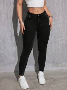 SHEIN EZwear 女性修身日常穿搭口袋牛仔褲，適合旅行 - 黑色 - 查看 5