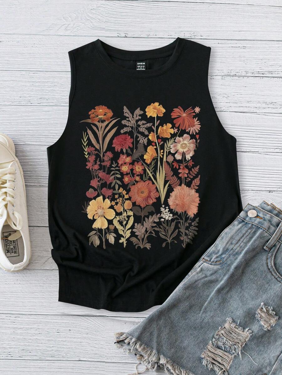 SHEIN Essnce 大码女式休闲花卉印花圆领吊带背心，夏季 - 黑色 - 查看 1