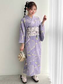 FRIFUL Japanese Style Elaborate Printed Yukata With Woven Jacquard Obi Belt And Fringed Belt Set, Upgraded Yukata