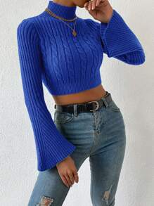 EURMUSE High Neck Cable Knit Flare Sleeve Crop Sweater - Biru - View 5