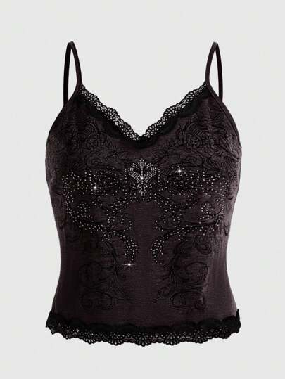 Grunge Punk Plus Size Cami Top With Lace And Rhinestone Details, Color-Blocking Design