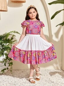 SHEIN Tween Girls Extended Size Loose Casual  Print Cap Sleeve Shirt And Skirt Set - White - View 3