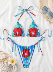 Conjunto de bikini sexy de mujer con estampado floral, cuello de halter con lazo, para vacaciones de verano
