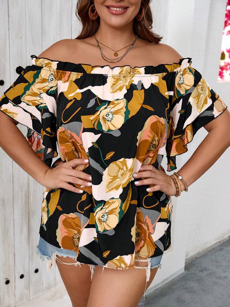 Plus Size Holiday Black Floral Printed Off-Shoulder Ladies' Romantic Summer Blouse