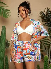 Travachic Women's Drop Shoulder Blouse And Shorts Casual Vacation Printed Set, Summer - Multicolor - View 5
