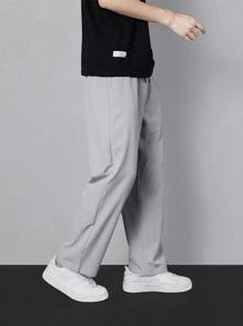 Men Letter Patched Detail Drawstring Waist Trousers - Light Grey - View 4