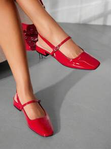 CUCCOO BIZCHIC 女士时尚红色玛丽珍后带低跟鞋舒适方头鞋、毕业舞会高跟鞋、适合夏季圣诞节秋季新年假期 - 紅色 - 查看 4