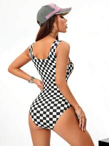 SHEIN Coolane Mujeres body de punto elástico con patrón de tablero de ajedrez - Blanco y Negro - Ver 2