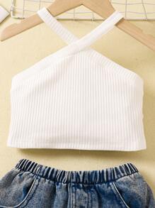 Conjunto de dos piezas con top de punto de cuello de halter cruzado y falda vaquera de cola de pez para niña joven - Azul y blanco - Ver 4