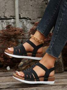 Mùa Hè Mới Đính Kim Cương Nữ Thương Mại Thoải Mái Thời Trang Plus Kích Thước Đế Xuồng Gót Đế Có Dây Co Giãn - màu đen - Xem 5