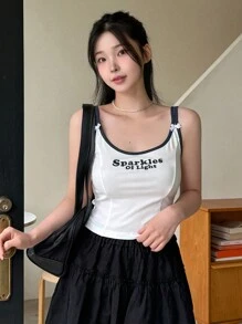 DAZY Áo ba lỗ mùa hè in chữ viền khối màu dành cho nữ - trắng - Xem 1