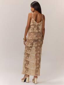MUSERA Glitter Crochet Maxi Dress Elegant Spring Summer Vacation Party Fall Night Out Holiday - Coffee - View 2