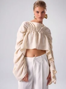 MUSERA Woven Ruched Drape Sleeve Top Vacation Vacation Elegant Holiday Graduation Wedding Guest   Winter  Party Elegant Valentines Day Spring - Apricot - View 1