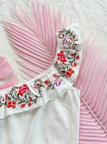 SHEIN Dreamara Vacation Retro Embroidery Asymmetrical Neck Top With Ruffle Trim