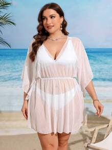 SHEIN Swim Curve 女款大尺碼假日V領蝙蝠袖網眼透視外罩連衣裙 - 白色 - 查看 3