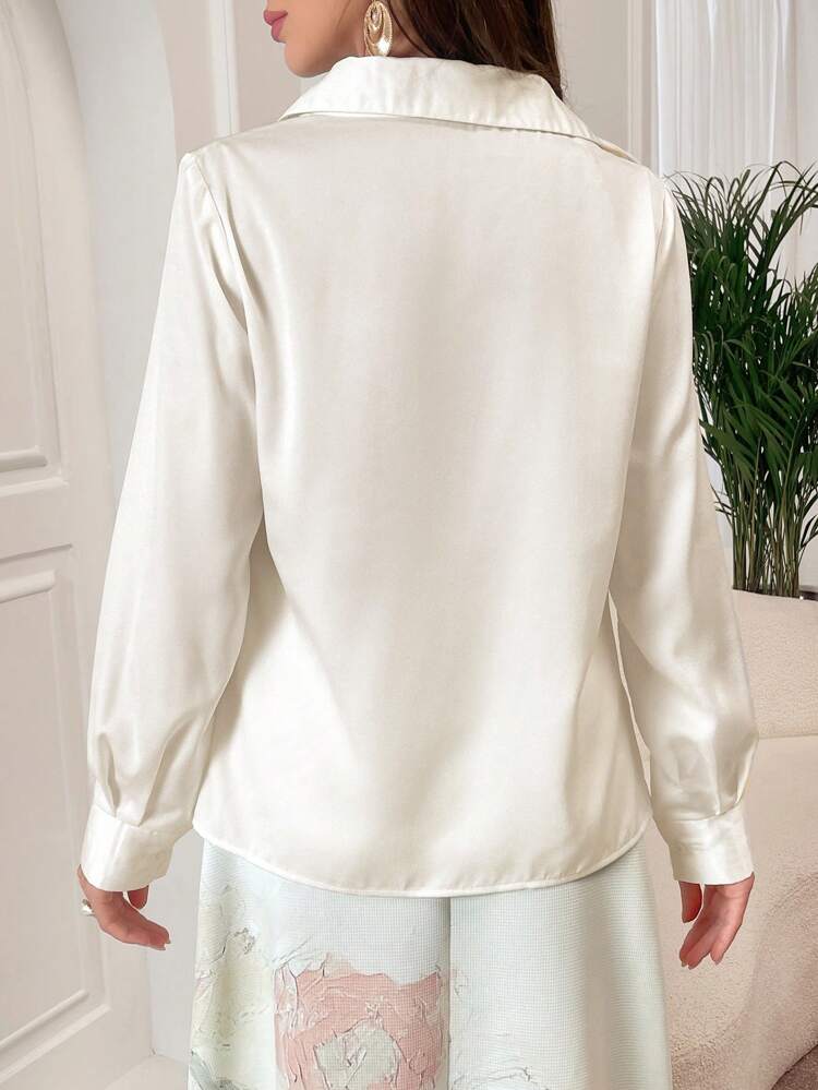 Elegant Solid Color Draped Neck Long Sleeve Regular Shoulder Shirt