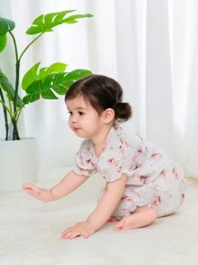 SHEIN Baby Girl Cartoon Patterned Puff Sleeve Top With Elastic Waistband Pants Homewear Set For Spring/Summer - Multicolor - View 4