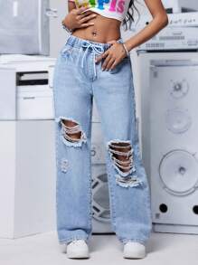 SHEIN PETITE Women's Loose-Fit Casual Wide Leg Denim Jeans With Waist Tie And Distressed Details - Light Wash - View 4