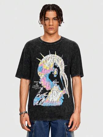 Grunge Punk Camiseta de manga corta con gráfico desgastado de estilo punk hip hop para hombres