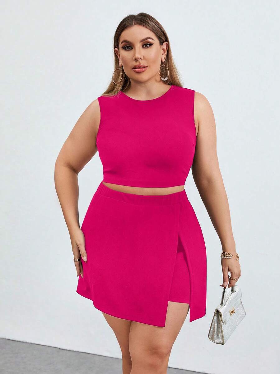 Firerie Plus Size Elegant And Simple Solid Color Sleeveless Top And Skirt Set - Hot Pink - View 1