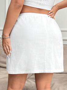 SHEIN EZwear 女性加大尺寸白色編織竹紋紗輕質休閒假日裙，有口袋和內襯，彈性腰帶和直裁設計適用於夏天 - 白色 - 查看 2