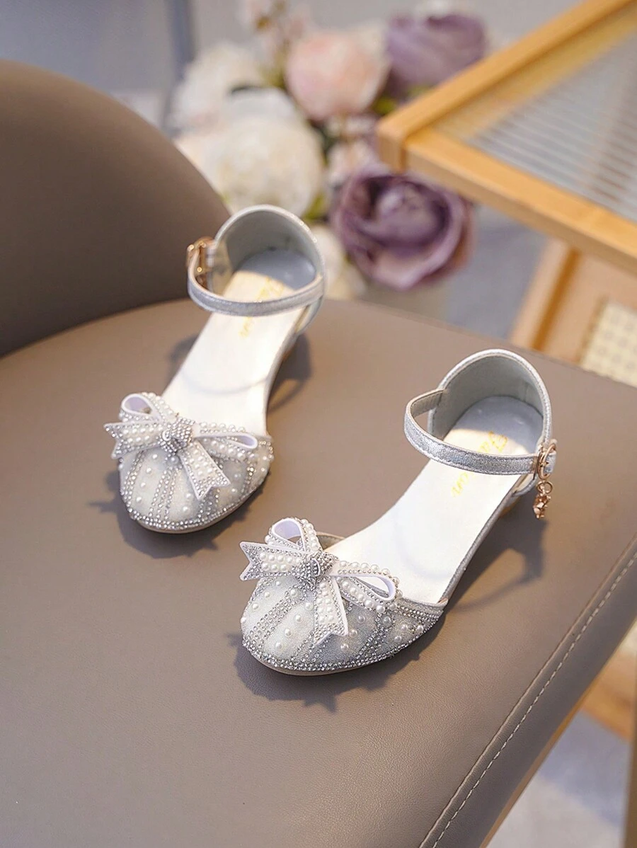 1pair Girls Princess Style Rhinestone Butterfly Decorated High Heel Sandals With Cute Bowknot Buckle, Suitable For Summer - Silver - View 1