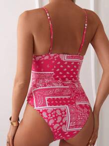 SHEIN Swim 女士夏季沙滩连体泳衣，全身印花，镂空，后背系带，性感 - 玫紅色 - 查看 1