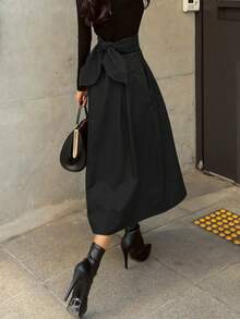 Europe And The United States Elegance Rave Outfitsfesival New A-Line Skirt Vacation Outfits Woman Umbrella Skirt Bow Day Big Swing Skirt Slim Waist Long Skirt Four Seasons Fashion With All Solid Color Women Half Skirt - 黑色 - 查看 2