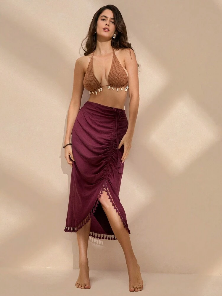 Women's Solid Color Split Hem Tassel Summer Skirt