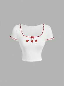 SHEIN MOD Ladies' Strawberry Print Lace Hem Summer Cute White T-Shirt Top - White - View 1