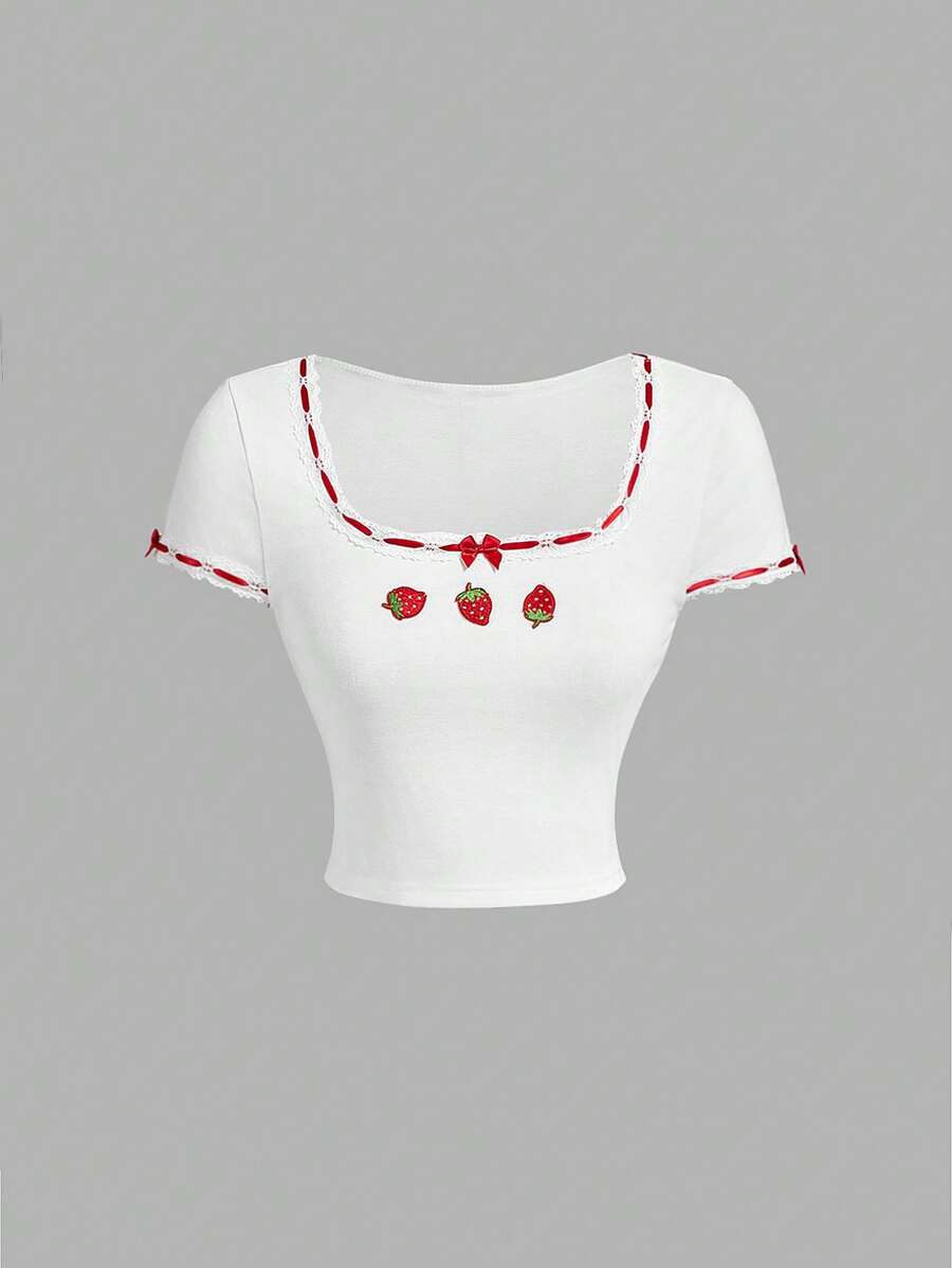 SHEIN MOD Ladies' Strawberry Print Lace Hem Summer Cute White T-Shirt Top - White - View 1