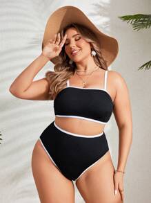 SHEIN Swim Curve Beach Swimwear Set Große Größen für Damen mit Kontrastborte, Sommer - Schwarz - Übersicht 3