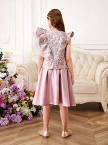 SHEIN 少女可愛圓領荷葉邊帽袖上衣和裙子套裝 - 粉色 - 查看 2