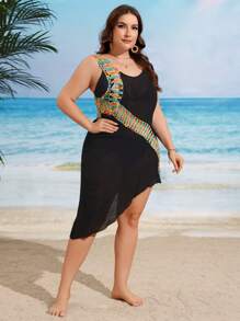 SHEIN Swim Curve 大尺碼女性時尚印花單肩披肩上衣 - 黑色 - 查看 6