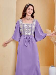 SHEIN Vestido casual de cuello cuadrado y encaje con remiendos tejidos para adolescente - Púrpura polvoriento - Ver 5