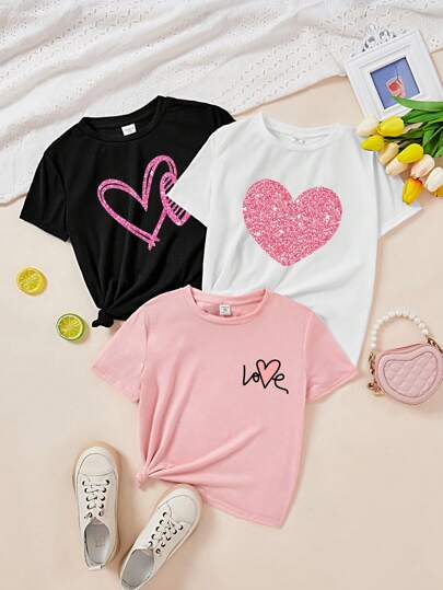 SHEIN Tween Girl 3pcs Casual Cartoon Heart Printed T-Shirts, Summer