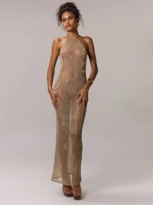 MUSERA 亮片贴花长款连衣裙，夏季露背透视性感连衣裙，优雅春夏度假长裙 - 金色 - 查看 5
